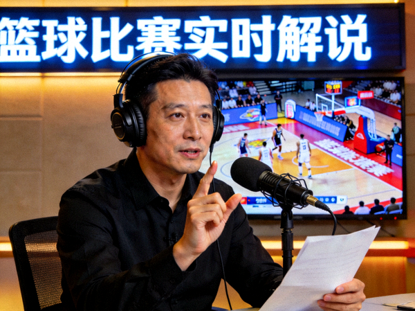 方言解说主播戴着耳机在直播间里为篮球比赛实时解说