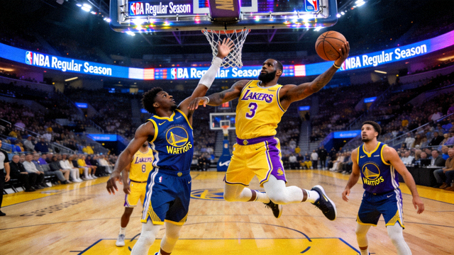 NBA常规赛湖人对阵勇士的现场画面，球员突破上篮瞬间