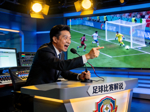 粤语解说主播在深夜演播室中对着麦克风激情解说足球比赛